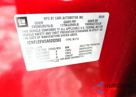 2010 Chevrolet Equinox Lt z USA, uszkodzony, nr VIN 2CNFLEEW3A6202363